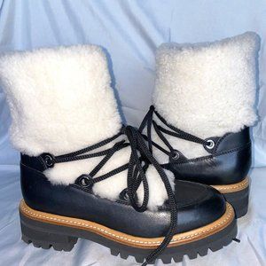 Marc Fisher Isha GENUINE Shearling Trim Leather Boots, Womens Black size 6M